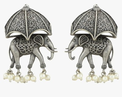 Almari Trends Silver Oxidized Antique German Silver Designer Elephant Earrings German Silver Stud Earring