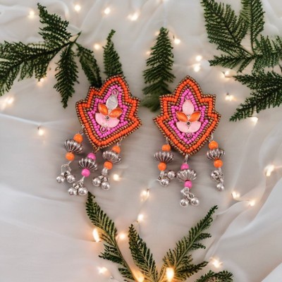 Jewelgenics Pink/Orange Beaded Oxidised Silver Plated Handcrafted Tassel Earrings Beads, Pearl Alloy Drops & Danglers