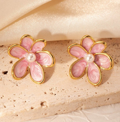 AKISON JEWELS Pink Flower Stud Earrings For Women Girls Korean earring korean jewelry Floral Pearl Alloy Earring Set, Stud Earring
