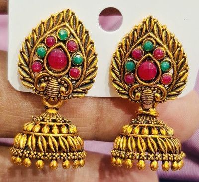 SAKETHAM Golden Multi peacock Duet Alloy Jhumki Earring