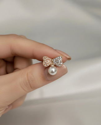 Jo Liora Trendy Rose Gold Bow Pearl Stud Earrings for Women & Girls Alloy Stud Earring
