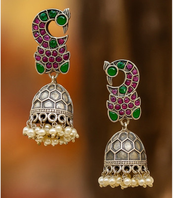 Digital Dress Room Jhumka Earring Peacock & Enamel/Pearl Design Oxidized Silver Earring for Women Alloy Jhumki Earring