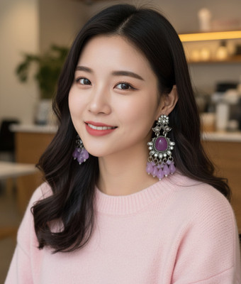 Fashion Didi Korean Stylish Silver Plated Purple Stone & Beads Earrings for Women & Girls Alloy Earring Set