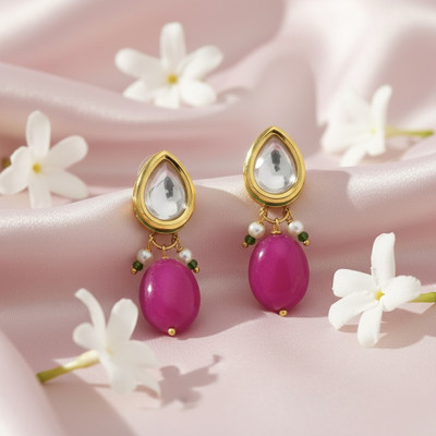 SHI Jewellery Kundan Gold Plated Pear Shape Pearl Drop Stud Earrings for Girls and Women Mother of Pearl Alloy, Brass Plug Earring, Stud Earring