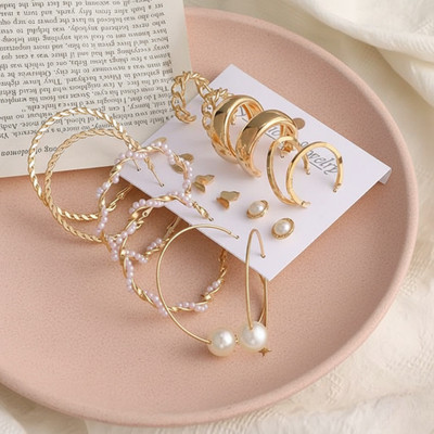 Vembley Combo of 9 Pair Butterfly Heart Stud / Chain Pearl Hoop Earrings For Women/Girls Pearl Alloy Hoop Earring