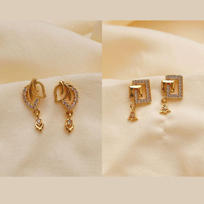 Geminifabrics COMBO SET OF GOLD PLATED ANTI TARNISH AMERICAN DIAMOND CLASSIC EARRING AND STUD. Brass Drops & Danglers