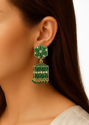 ZuriFinds Traditonal Green Ethnic Studded Big Oxidized Jhumka Pearl Alloy Jhumki Earring