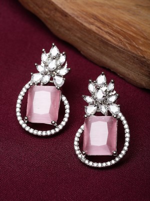 ZENEME Silver Tone Pink & White American Diamond studded Paisley Shaped Studs Earrings Cubic Zirconia Brass Stud Earring