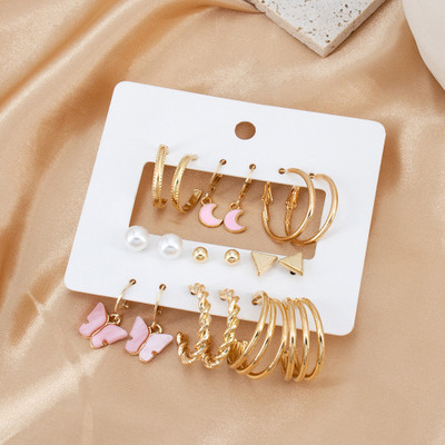 DESTINY JEWEL'S New Limited Collection Colorful Moon & Butterfly Décor Hoop Earrings & Stud Set Alloy Hoop Earring