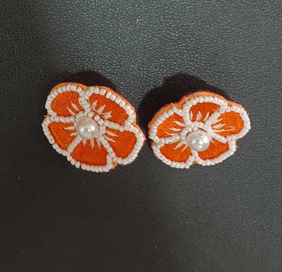 SawariyaaSeth Handmade Beaded Orange Floral Earrings for Women – Pearl Embroidery Studs Brass Drops & Danglers
