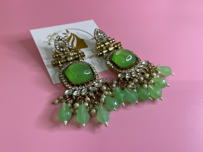Arika Arika Luxe Earring “Emerald Green Kundan Dangler Earrings with Pearls” Crystal Stainless Steel Jhumki Earring