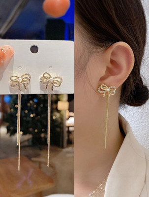 RV YUWON New Elegent BowKnot Long Tassel Ear Line Dangle Earrings Cubic Zirconia Brass Stud Earring