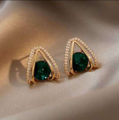 shrijaenterprises Green Stone Hollow Triangle Geometric Stud Earring Enamel Stud Earring