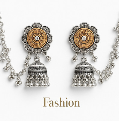 Vidhya mart Oxidised Silver & Golden Floral Design Jhumka Earrings for Women & Girls Alloy Drops & Danglers