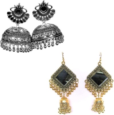 AVR JEWELS Pack of 2 Afghani Style Big Mirror and Square Mirror Beads Jhumki Alloy Jhumki Earring