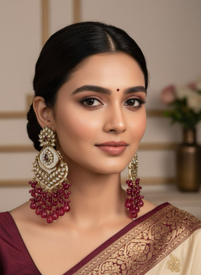 Shivanya Vogue Kundan Pearl Ruby Chandbali Earrings Beads Brass, Stainless Steel, Alloy, Mother of Pearl Chandbali Earring, Jhumki Earring, Earring Set