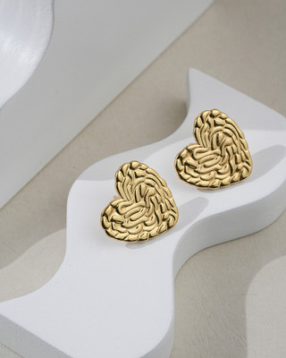 DIADRIM Trendy Gold-Plated Textured Heart Stud Earrings for Women & Girls Stainless Steel Earring Set