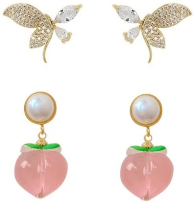 SheOm Karki Pink Peach Acrylic Cute Funky & Beautiful Zircon Stud butterflys Korean Earrings Cubic Zirconia, Pearl, Zircon, White Zircon Stainless Steel Stud Earring, Earring Set