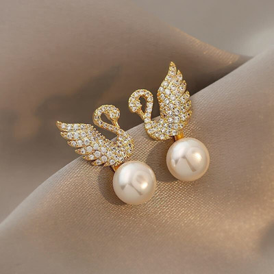 MEENAZ Swan Earrings for women korean earing girl stylish Western long Moti Ear Ring Pearl, Cubic Zirconia, Diamond Mother of Pearl, Alloy, Stone, Gold Earring Set, Drops & Danglers