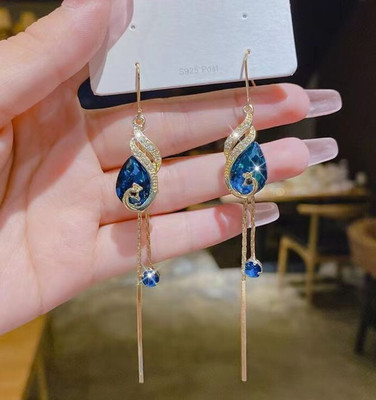 AKISON JEWELS Long Peacock Korean Earrings For Women Girls Trendy Western Fashion Earring Crystal, Diamond, Cubic Zirconia Alloy Earring Set, Drops & Danglers, Tassel Earring