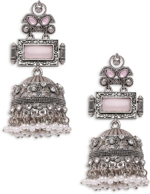 Oomph Oxidised Silver Jhumka Earrings - Pink Opal MoonStone - Beads, Crystal Alloy Jhumki Earring