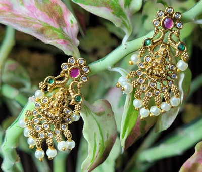 Pralekh Traditional Gold-Plated Temple Earrings with Goddess Lakshmi & Pearl Drops Zircon, Pearl Brass Jhumki Earring