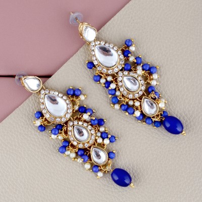 Lucky Jewellery Traditional Gold Plated Kundan Stone Blue Earrings for Girls & Women Beads Alloy Drops & Danglers