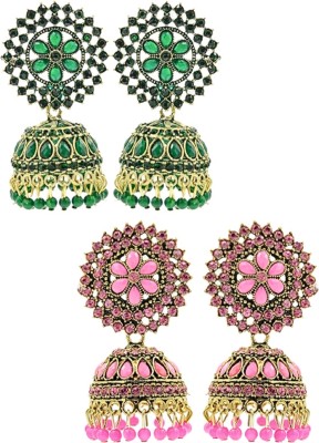 Pink Stone by Valentina Pack of 2 Kundan Earrings with Beads |Green & Rani Drop Earrings for Women Cubic Zirconia Alloy Jhumki Earring