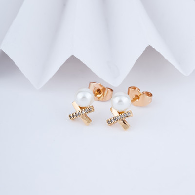 Shree Enterprise Cross With White Pearl American Daimond Plug Earring Pearl Alloy Plug Earring