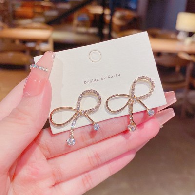 DESTINY JEWEL'S New Korean Slogan Design Rhinestone Bowknot Metal Earrings For Women & Girls Cubic Zirconia Alloy Stud Earring