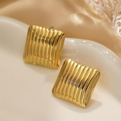 Ahvi Jewellery Radiant Ribbed Gold Square Stud Earrings Stainless Steel Stud Earring