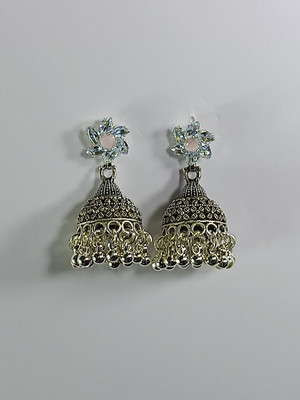 AZTAZ Flower stud jhumka earrings designer tassel drop oxidised silver Alloy Chandbali Earring