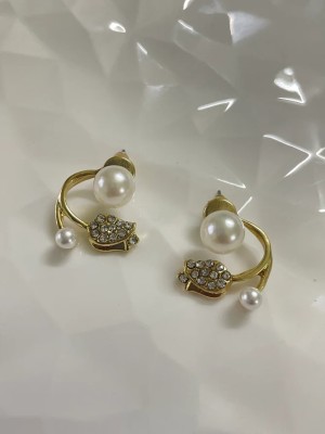 neze Trendy Korean AD Stone Lotus Flower with Pearl Stud Alloy Stud Earring