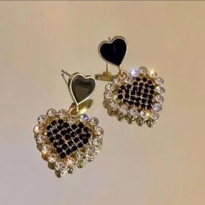 Chic Aura Heart Drop Earrings With Crystal Rhinestones, Black And Gold, Vintage Style Alloy Drops & Danglers