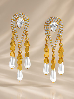 RUBANS 18K Gold-Plated Crystal White Cubic Zirconia & Pearl Tassel Drop Earrings Brass Drops & Danglers