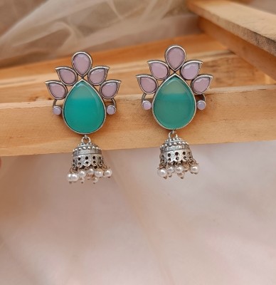 Gupta's Creation Earrings for Women and Girls | Silver Plated Pink & Sea Green Stone Drop Jhumki Alloy Jhumki Earring