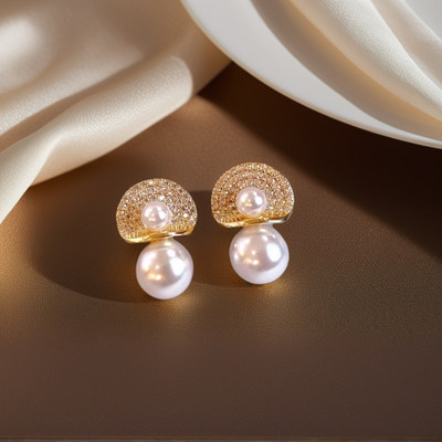 MEENAZ Bow Earrings for women korean earing girl Moti Ear Ring stylish Western studs Cubic Zirconia, Beads, Diamond Gold, Alloy, Mother of Pearl, Stone Earring Set, Stud Earring