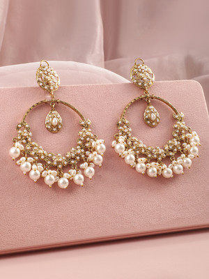 RUBANS Rubans 18K Mehandi Gold-Plated Traditional Pearl & Beaded Long Chandbali Earring Pearl Brass Chandbali Earring
