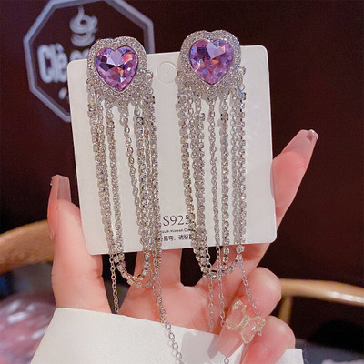 DESTINY JEWEL'S Korean Rhinestone Décor Colorful Heart Drop Tassel Earring Set For Women & Girls Cubic Zirconia Alloy Drops & Danglers