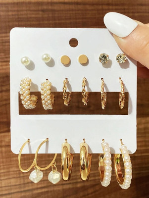 Zaphariq Combo Of 9 Pair Pearl, Stone, Hoops, And Stud Earrings Pearl Alloy Hoop Earring