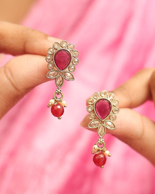 Saloni Fashion Jewellery Excellent Oval and Leaf Design Gold Plated Ruby Kundan Stone Dangle Earring Cubic Zirconia Alloy Drops & Danglers