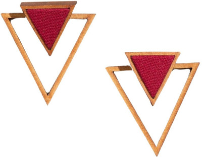 Whe Maroon Two Look in One Upcycled Fabric and Repurposed Wood Triangle Earring Wood Ear Thread
