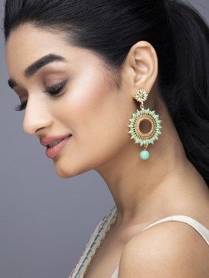 RUBANS Rubans Gold Plated Drop Earrings With Studded Mint Green Stones And Beads Alloy Drops & Danglers