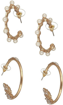Dressberry Set of 2 CZ & Pearl Studded Gold-Toned Half Hoop Earrings Brass Stud Earring