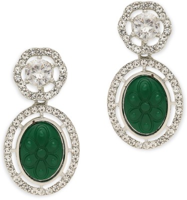 fabula Green Drop Earring - Engraved Jaipur Stone & American Diamond - Indo Western - Beads, Crystal Alloy Drops & Danglers