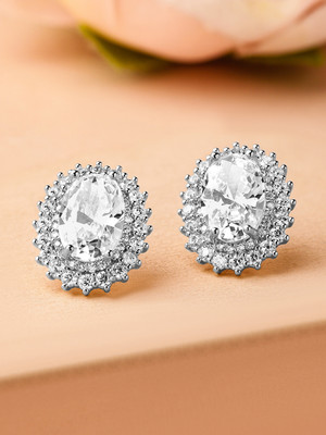 RUBANS Rubans Rhodium-Plated Oval Cubic Zirconia Studded Statement Stud Earrings Cubic Zirconia Brass Stud Earring