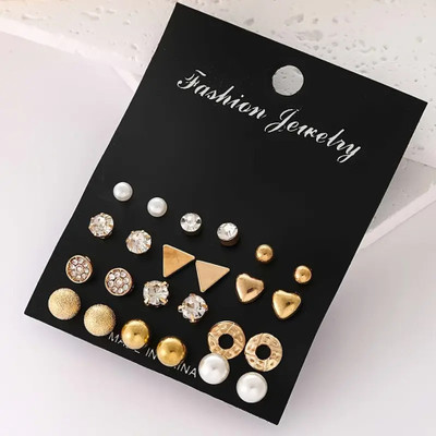 VIDALI Combo of 12 Pair Golden Heart Triangle Round Pearl Stud Earrings For Women/Girls Cubic Zirconia Alloy Stud Earring