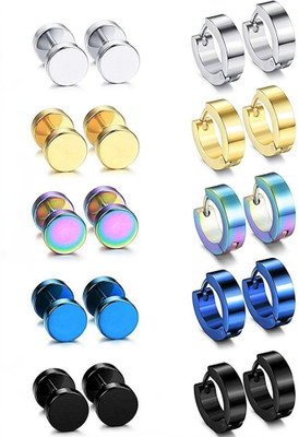 NIMZ Mens & Women Fashion Jewellery Valentine Platinum Black Blue Golden Silver Surgical Plug Combo Hoop Ear piercing Studs stainless Steel Jewelry Stylish Fancy Party wear casual High Gold Polish Daily use simple Magnet non Pierced Round pressing Dumbell Multicolor press OM Earrings Combo Set pack 