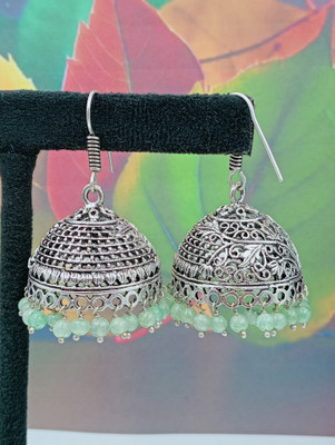 SHRIM Oxidised Silver Dome Jhumka Earrings with Green Beads for Women & Girls Brass Jhumki Earring