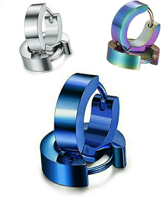 Heer Collection Combo Hoop Pierced Earring 3 Color Blue/Silver/Multi (3-Pair) Stainless Steel Stud Earring, Clip-on Earring, Earring Set, Magnetic Earring